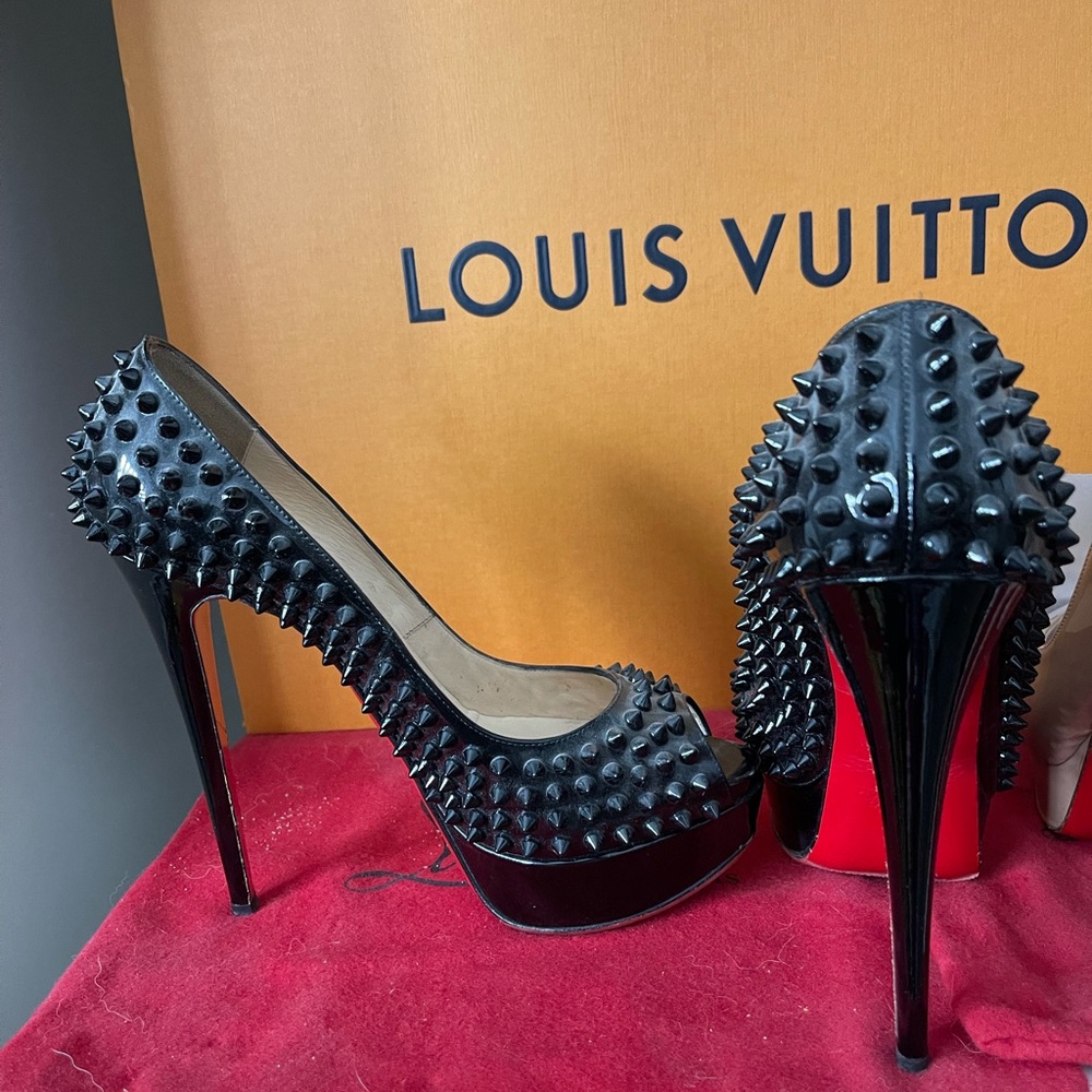 Black Patent Leather Lady Peep Toe Spike Platforms